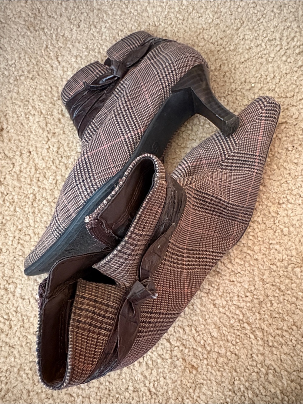 Predictions Brown Plaid Pointed Toe Ankle Boots with Bow